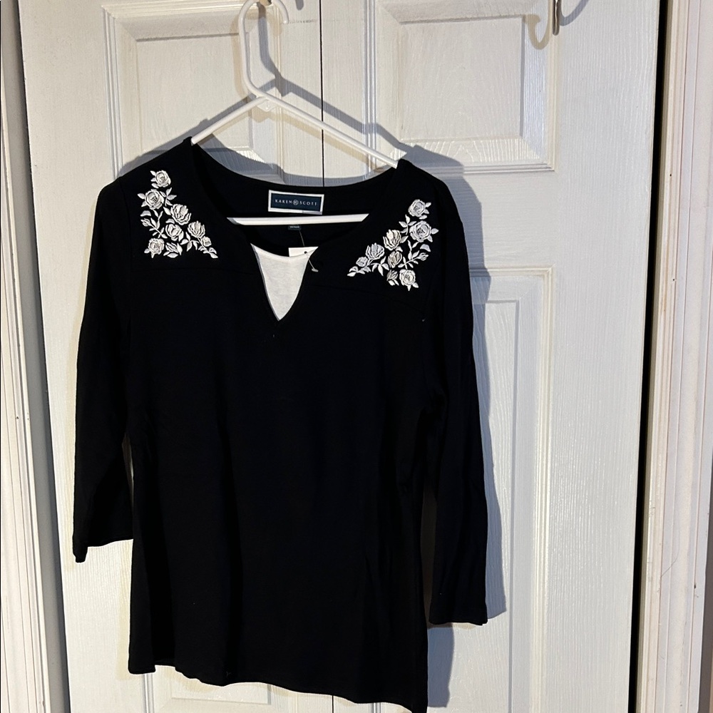 Karen Scott Black Top with White Floral Detail